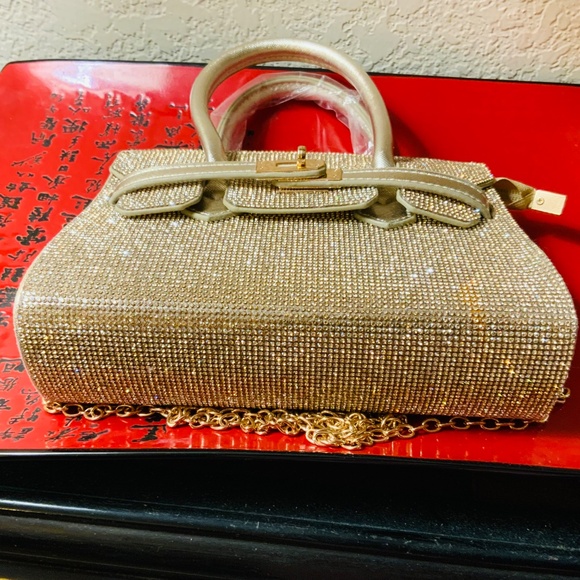 SPARKLING GOLD EVENING HANDBAG 💛 CHAIN STRAP SHOULDER RHINESTONE BLING BAG - Picture 8 of 11